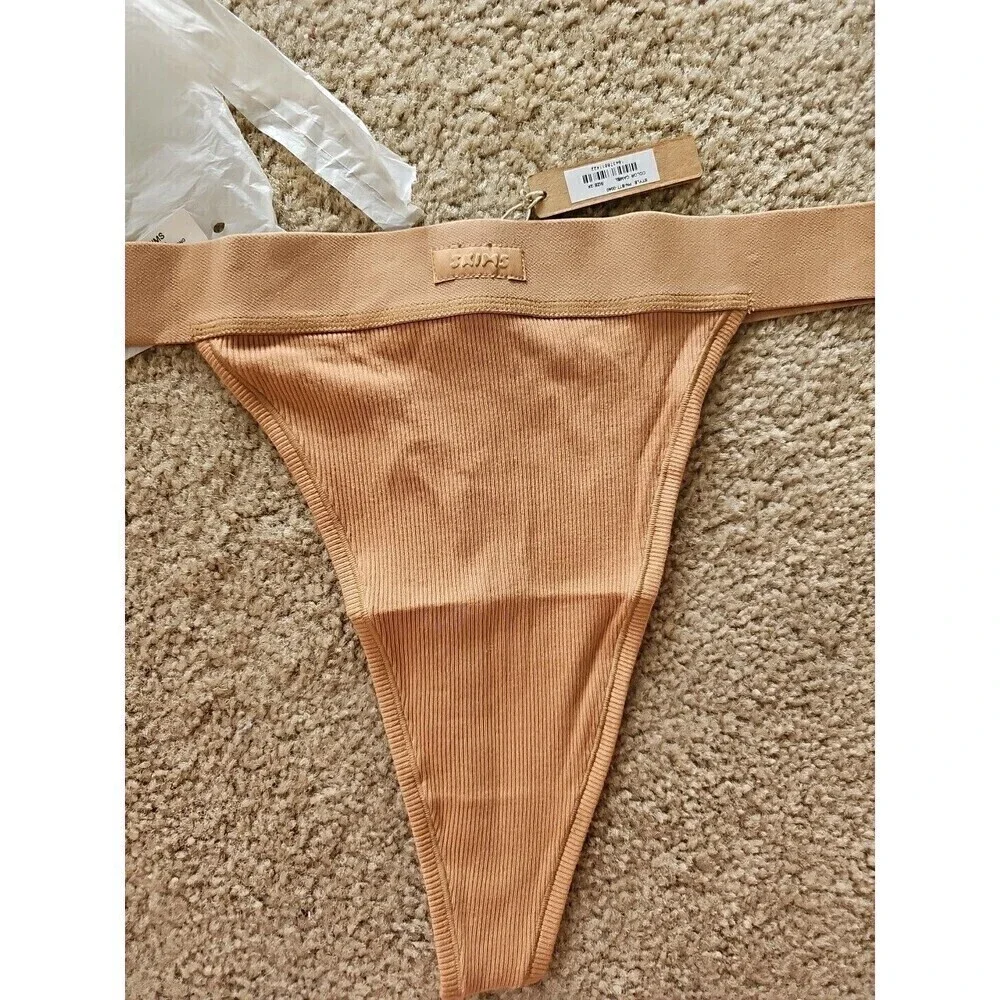 SKIMS Cotton Ribbed Thong Camel Size 2XL